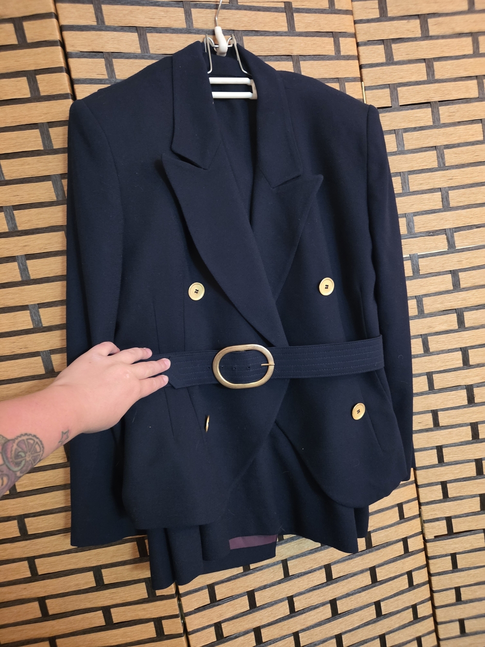 Dior Navy Double-Breasted Blazer with Gold Buttons, Belt, And Skirt